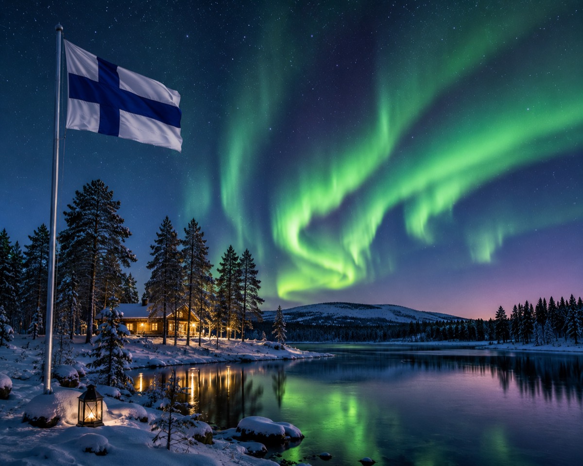 The Finnish flag waving in a snowy winter landscape at night, featuring a cozy, glowing log cabin by a calm lake that reflects a vibrant green Northern Lights (Aurora Borealis) display.