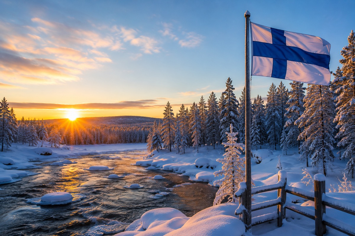 The Finnish flag waving proudly on a snowy riverbank during a breathtaking winter sunset, with golden sunlight reflecting off a partially frozen river lined with snow-covered pine trees.