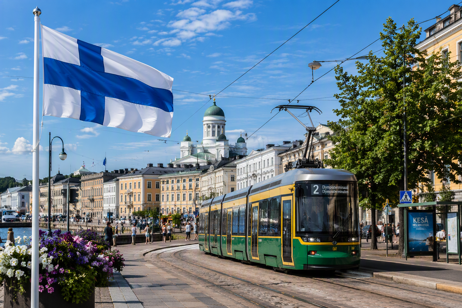 Finnish flag beside a tram in central Helsinki with historic buildings and the Helsinki Cathedral in the background, showcasing everyday life in Finland and helping YKI test learners connect with Finn