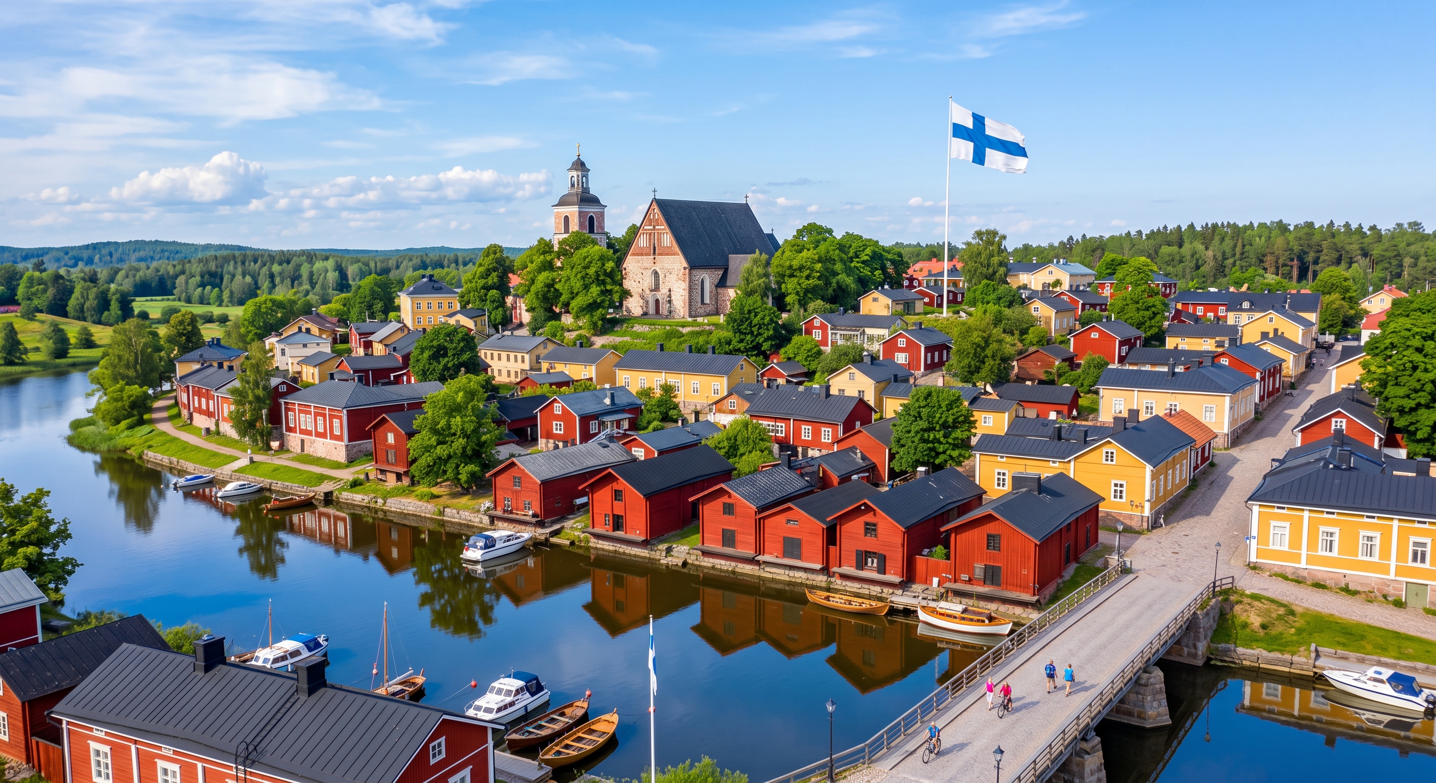 A scenic aerial view of a traditional Finnish town with colourful red wooden houses and a church by a reflective river, featuring the Finnish flag waving near a bridge where people cycle, illustrating