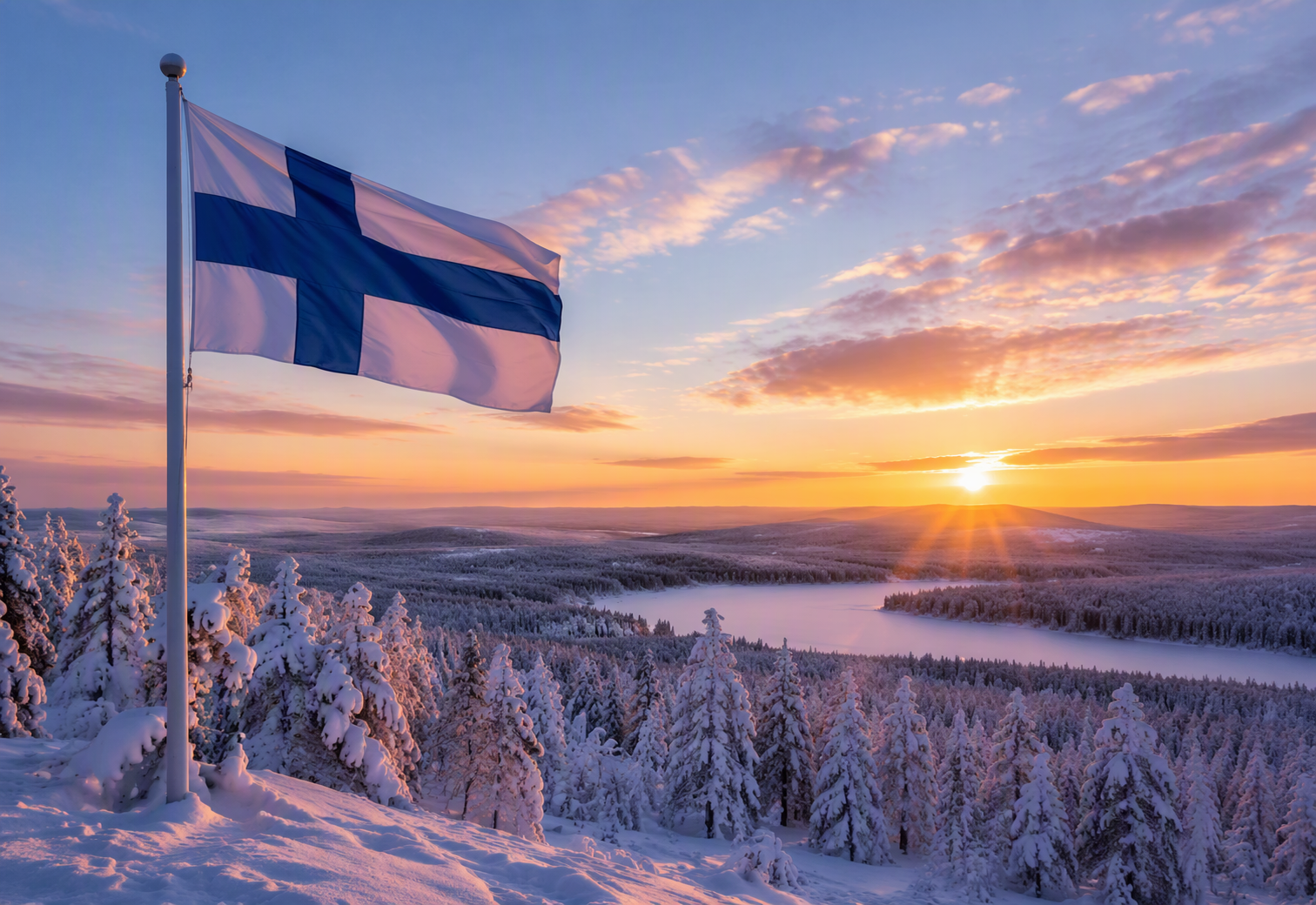 Finnish flag waving over a snowy forest and frozen lake in Finland at sunrise, creating a calm winter setting that motivates learners preparing for the YKI test.