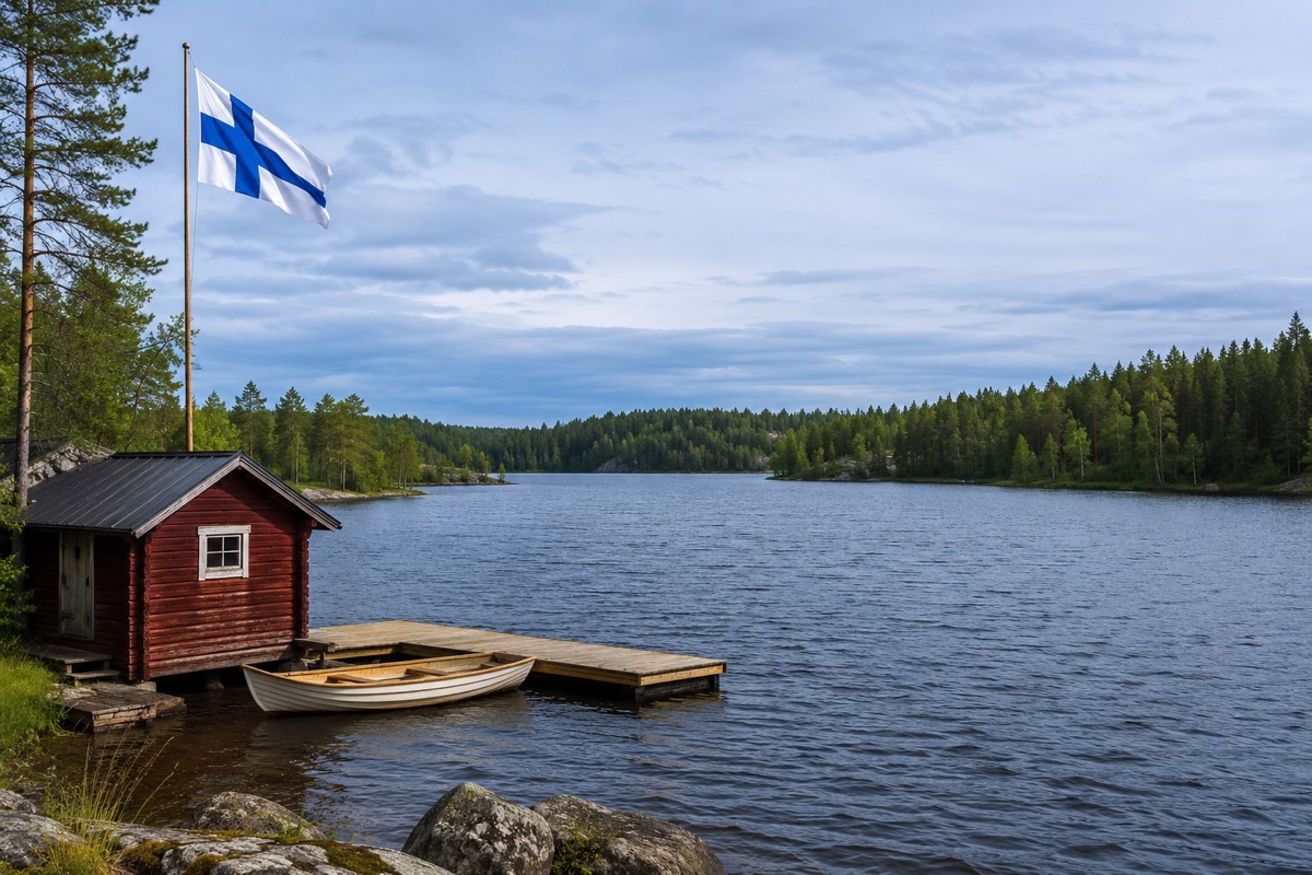 A classic red wooden lakeside cabin and a small rowing boat tied to a wooden pier on a wide lake in Finland, with the Finnish flag waving under a cloudy sky surrounded by dense pine forests.