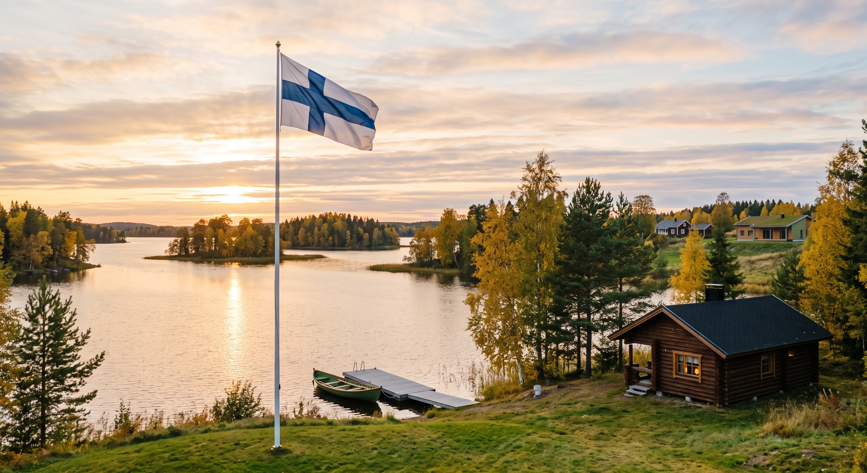 A magical golden hour sunset over a beautiful Finnish lake with traditional wooden cottages, a peaceful rowing boat, and the Finnish flag waving in the foreground, providing calm inspiration for your
