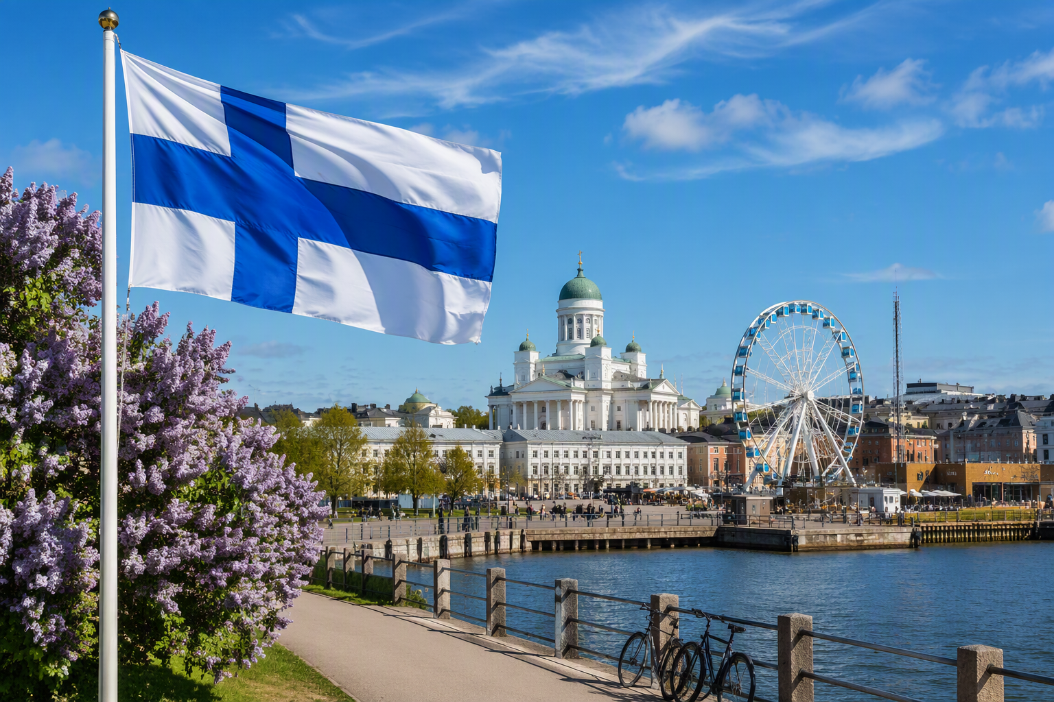 Finnish flag beside a waterfront promenade in Helsinki, with Helsinki Cathedral, a ferris wheel, and blooming spring flowers showcasing the beauty of Finland for learners preparing for the YKI test.
