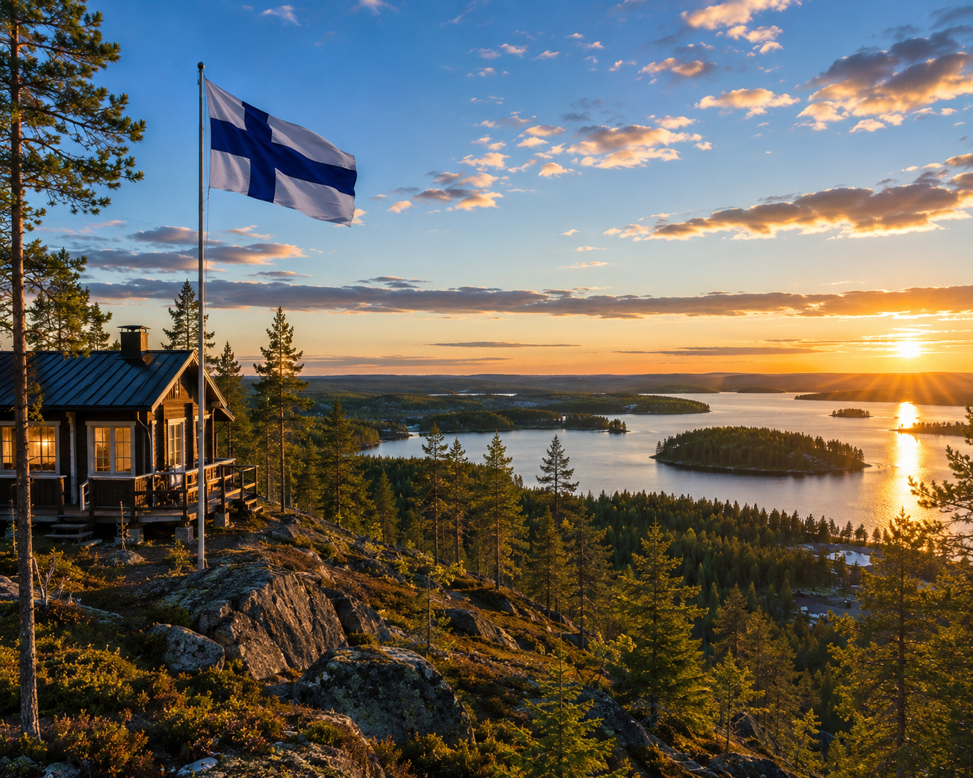 A traditional wooden Finnish cottage with the Finnish flag waving on a hilltop overlooking lakes and pine forests at sunset