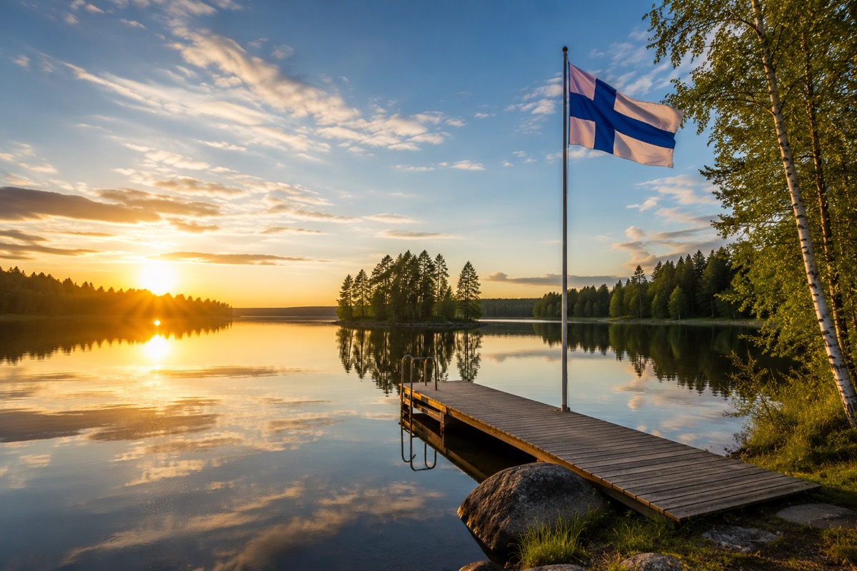 The Finnish flag waving next to a wooden swimming pier on a calm lake at sunset, with a small forested island and golden sunlight reflecting perfectly on the still water.