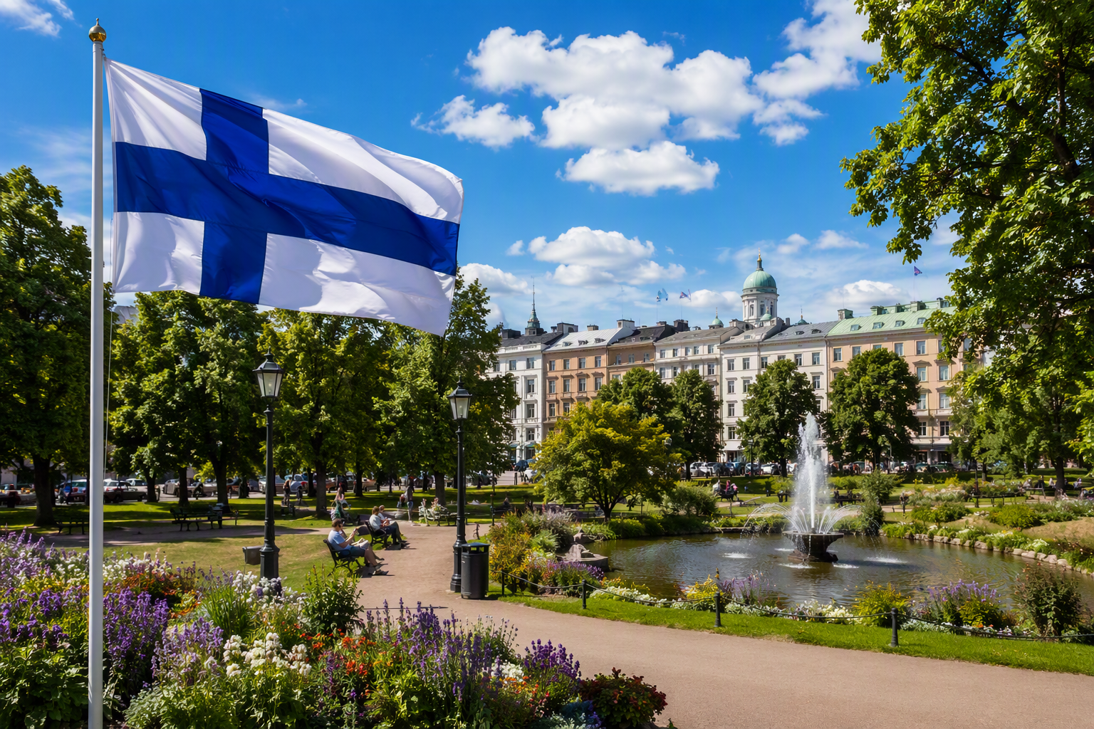 Finnish flag waving in a beautiful city park in Finland, surrounded by flower gardens, a fountain, walking paths, and historic buildings, creating a welcoming scene for learners preparing for the YKI