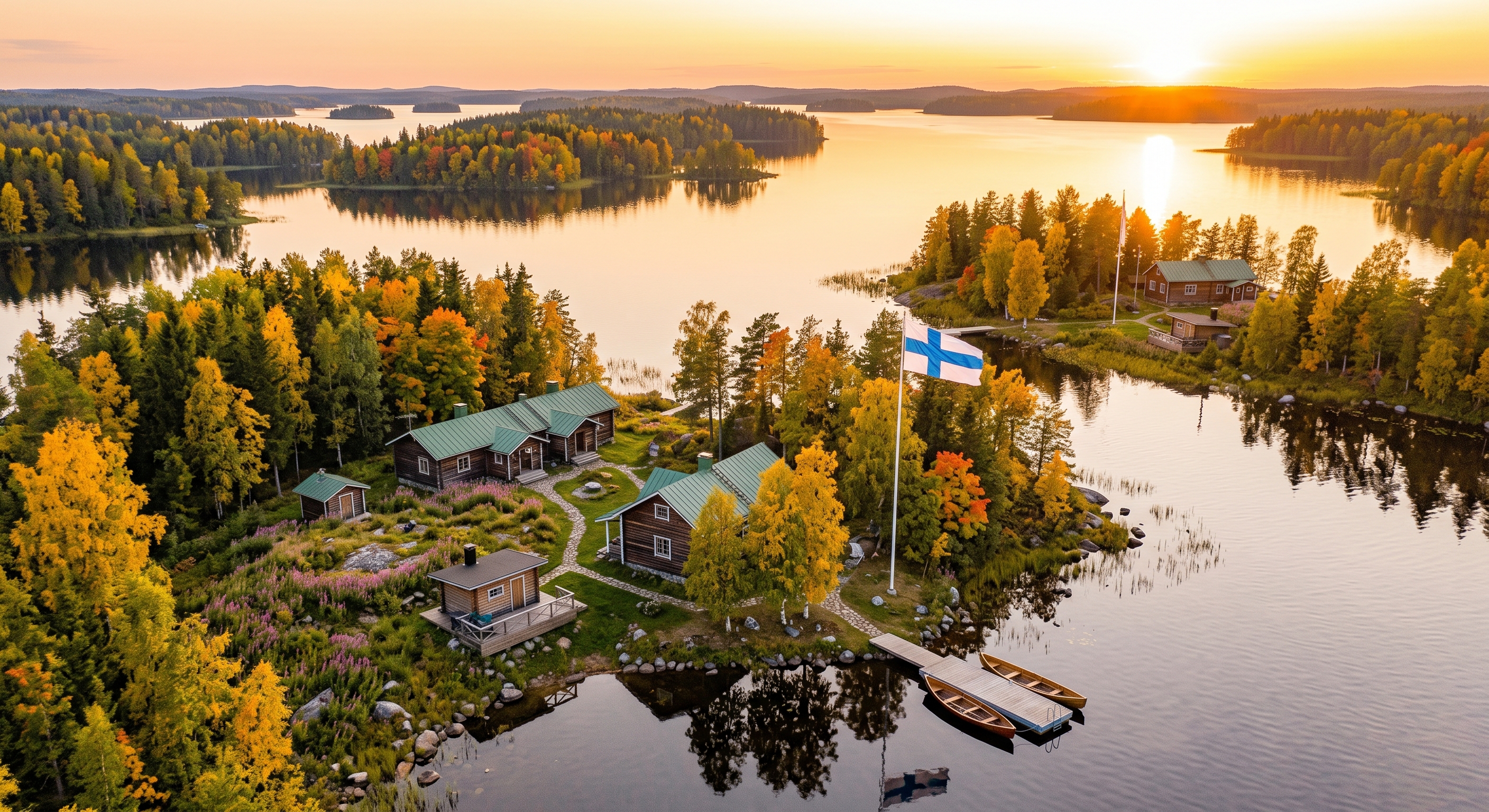 A breathtaking aerial view of traditional Finnish wooden cottages nestled on a secluded island within a vast lake archipelago, featuring the Finnish flag waving in the foreground during a magical gold