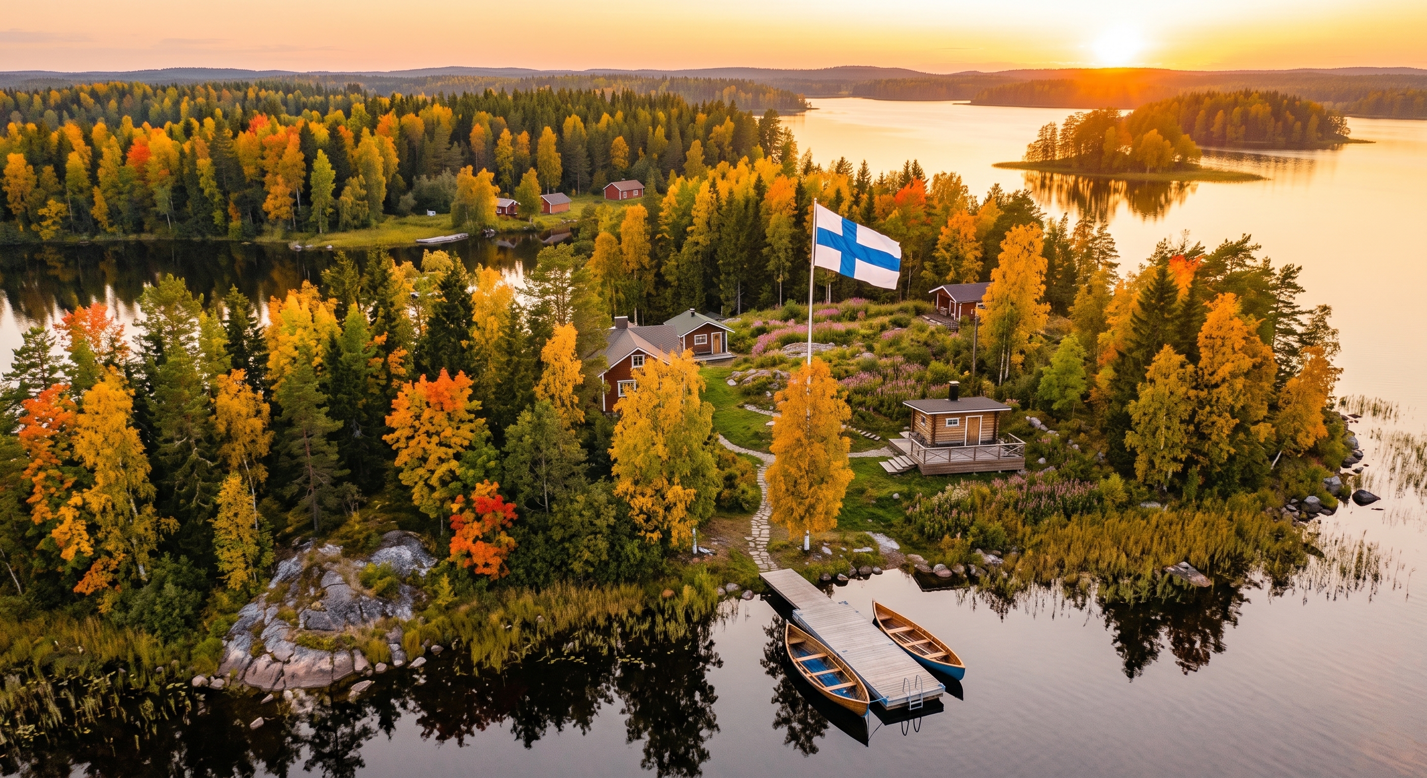 A breathtaking aerial view of a Finnish summer house complex on a lake at sunset, featuring a traditional log cabin, a sauna, a private dock with boats, and the Finnish flag waving proudly among vibra