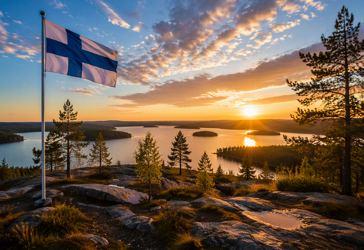 Finnish flag waving over a golden sunset landscape of forests and lakes in Finland, creating a calm and inspiring setting for learners preparing for the YKI test.