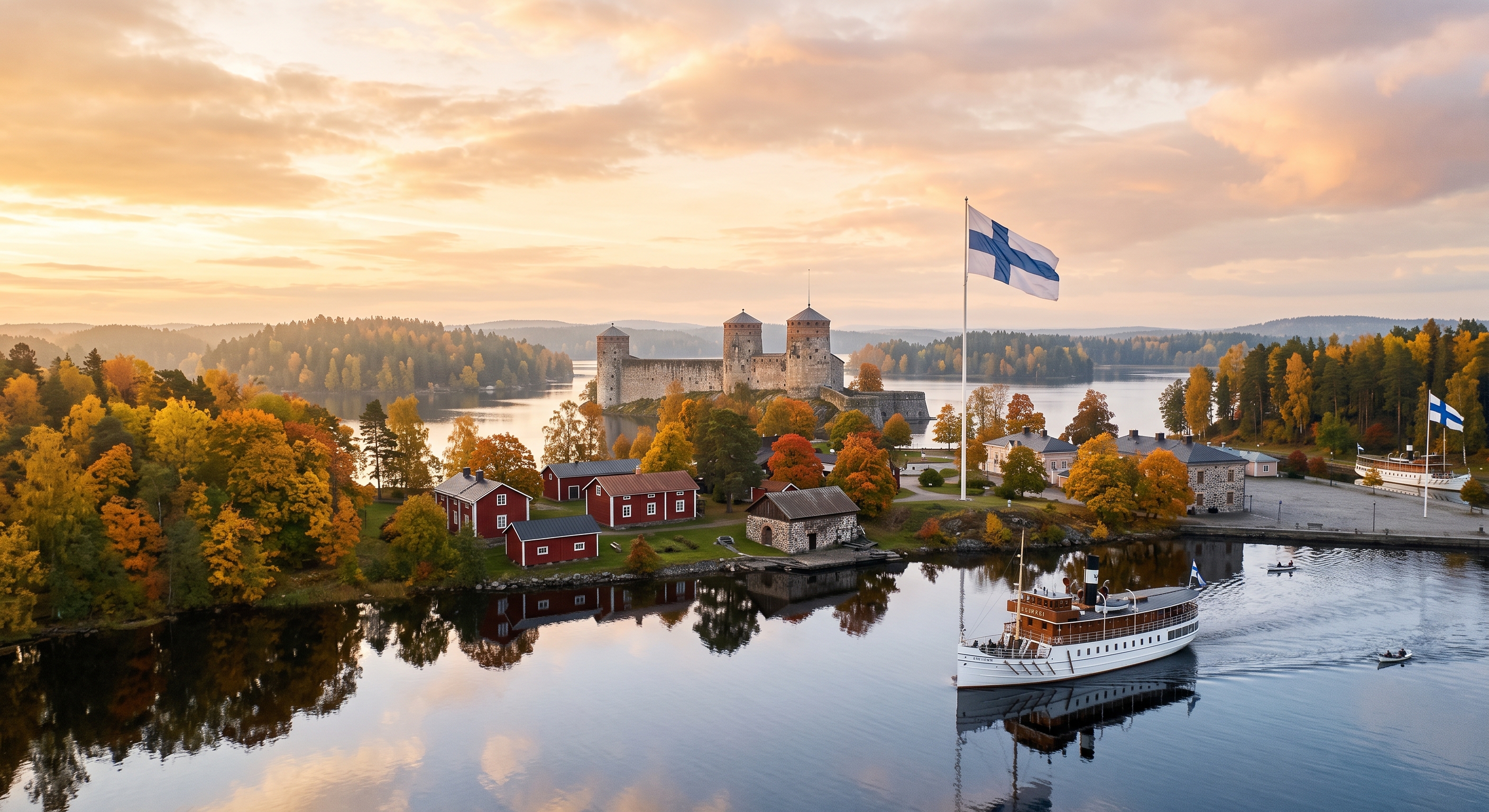 A scenic aerial view of a medieval stone castle in Finland during a peaceful autumn golden hour sunset, with the Finnish flag waving near traditional red wooden houses and a classic steamship on the c