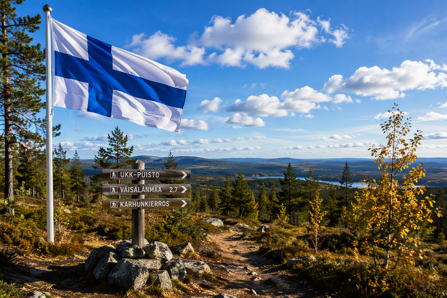 Finnish flag beside hiking trail signs in a beautiful Finland nature reserve, surrounded by forests and distant lakes, highlighting the outdoor lifestyle and scenery that inspires learners preparing f
