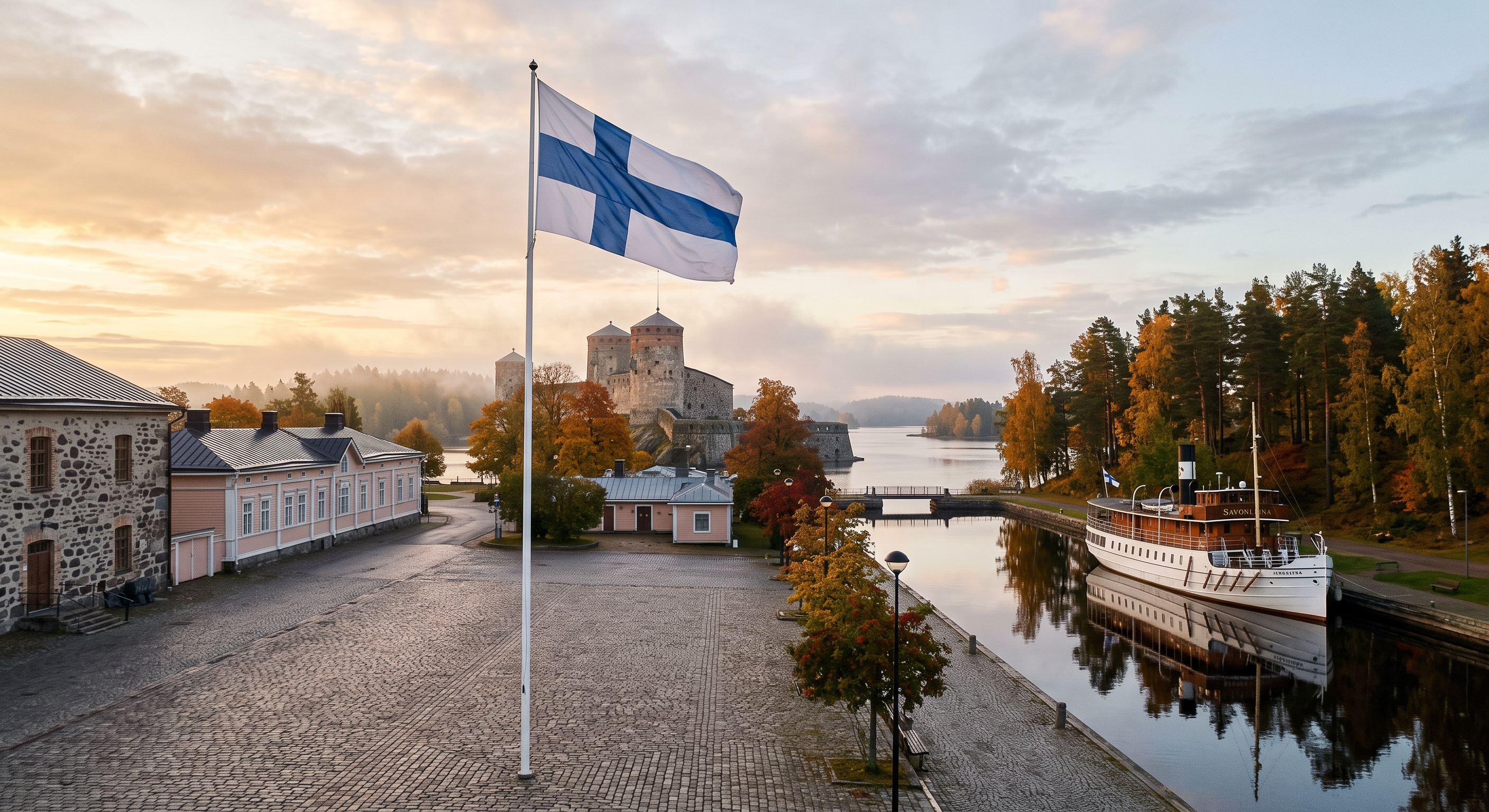 A scenic view of a historical stone castle on an island in Finland during a peaceful autumn golden hour, with the Finnish flag waving prominently on a tall pole in the foreground and a traditional whi