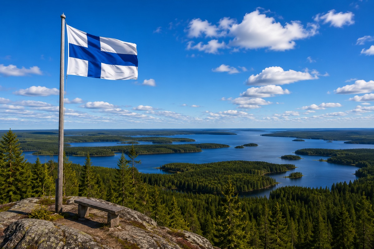 The Finnish flag flying on a rocky hilltop viewpoint with a small wooden bench, overlooking a vast landscape of blue lakes and green forested islands under a sunny summer sky.