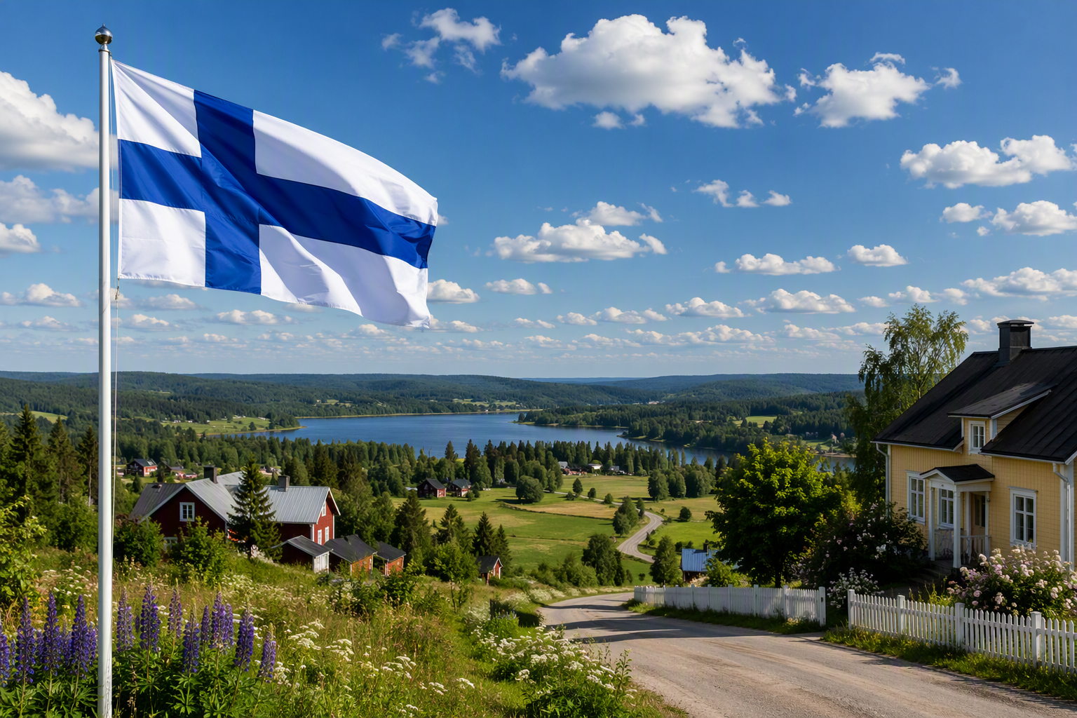 Finnish flag overlooking a peaceful countryside village in Finland with lakes, forests, and traditional homes, creating an inspiring setting for learners preparing for the YKI test and life in Finland