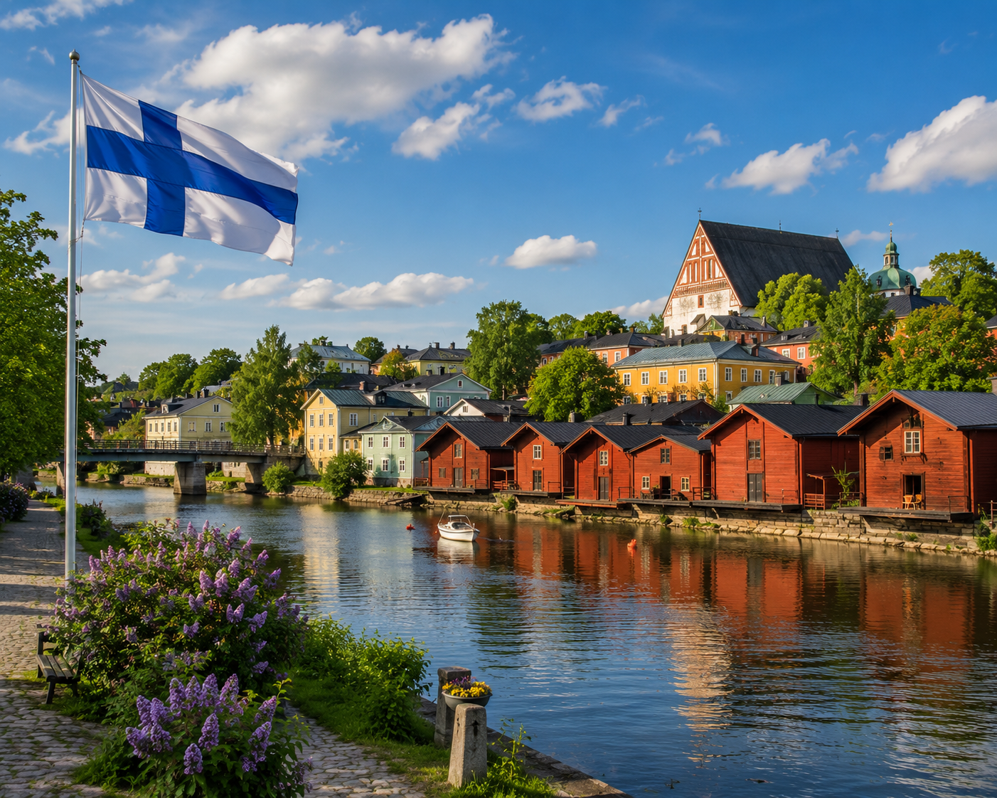 The Finnish flag waving in the foreground with the iconic red wooden riverside storehouses and old town cathedral of Porvoo, Finland, reflected in the water during a vibrant sunset.