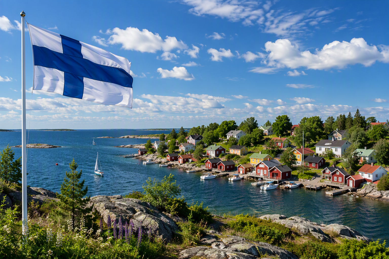 Finnish flag overlooking a colorful coastal village with boats and islands in Finland, showing everyday life and inspiring learners preparing for the YKI test.