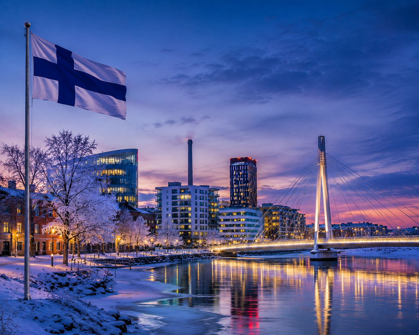 A winter city skyline in Finland at dusk, featuring a large Finnish flag flying next to a snow-covered riverbank, modern buildings, and a glowing cable-stayed bridge reflected in the water.