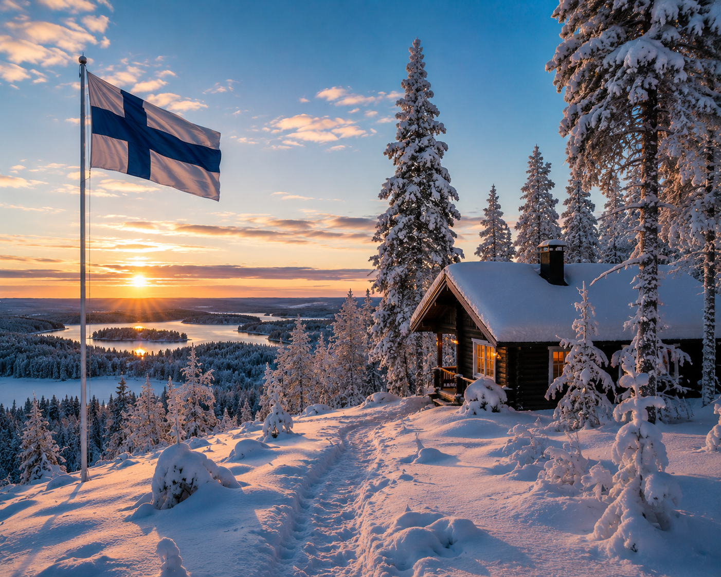 A beautiful winter landscape in Finland featuring a cozy log cabin and the Finnish flag, capturing the peaceful beauty of the country while you study for your YKI test.