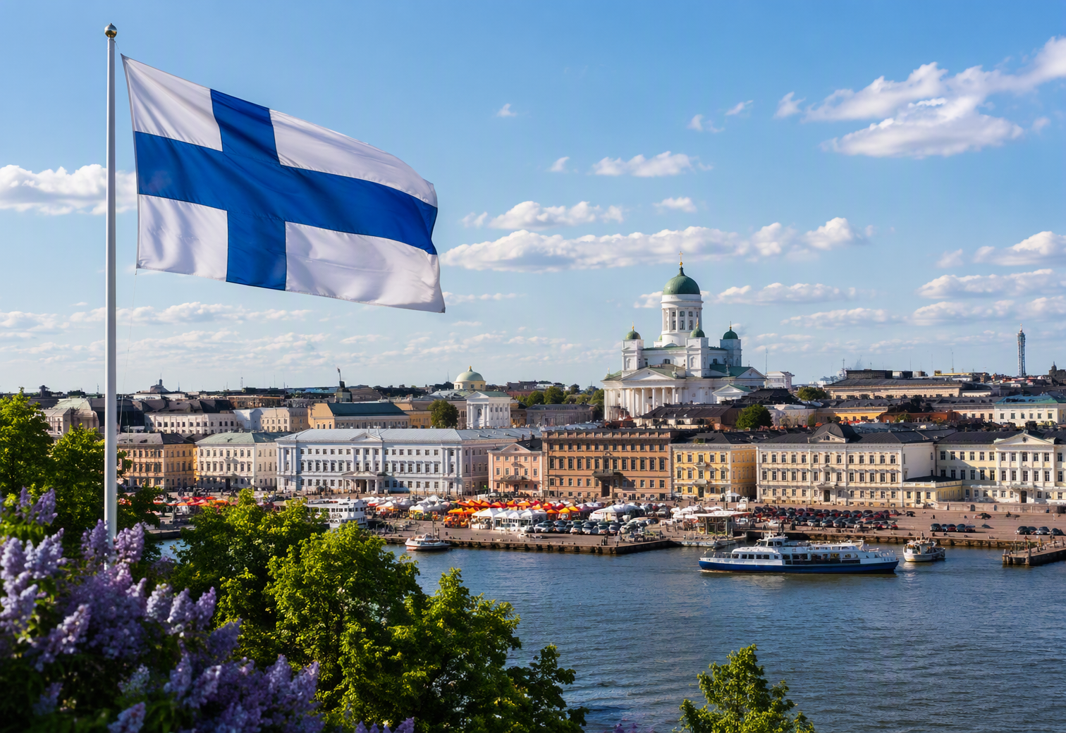 Finnish flag waving over Helsinki harbor with the city skyline and cathedral in the background, reflecting everyday life in Finland and inspiring learners preparing for the YKI test.