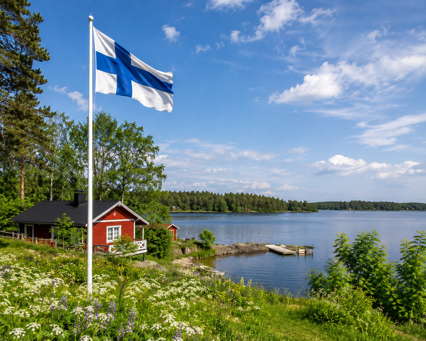 A serene summer day in Finland featuring a classic red cottage by a lake and the Finnish flag waving in the breeze, offering perfect inspiration as you prepare for your YKI test.