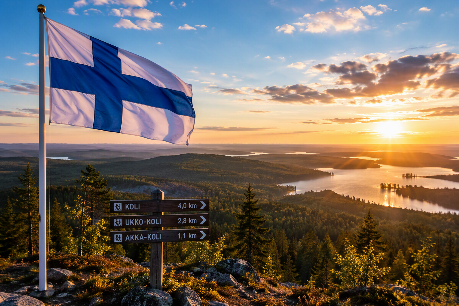 Finnish flag overlooking the Koli National Park landscape in Finland at sunset, with forests, lakes, and hiking trails creating an inspiring view for learners preparing for the YKI test and life in Fi
