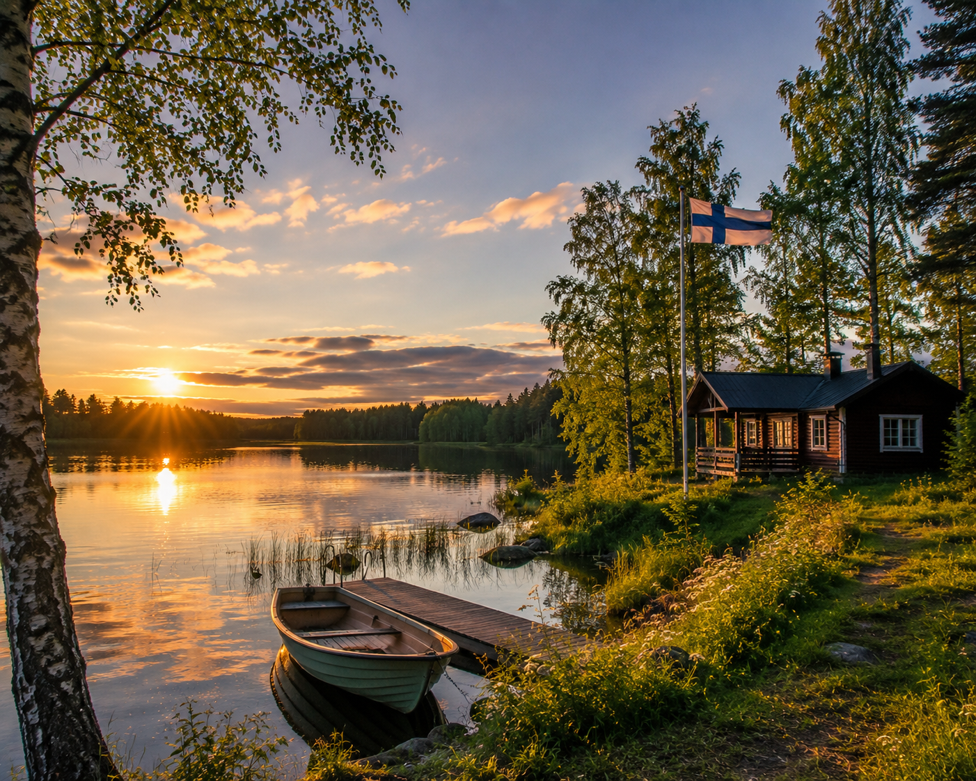 A tranquil summer sunset reflecting over a beautiful lake in Finland, featuring a traditional wooden cottage, a rowboat, and the Finnish flag, setting a calm and inspiring mood as you prepare for the