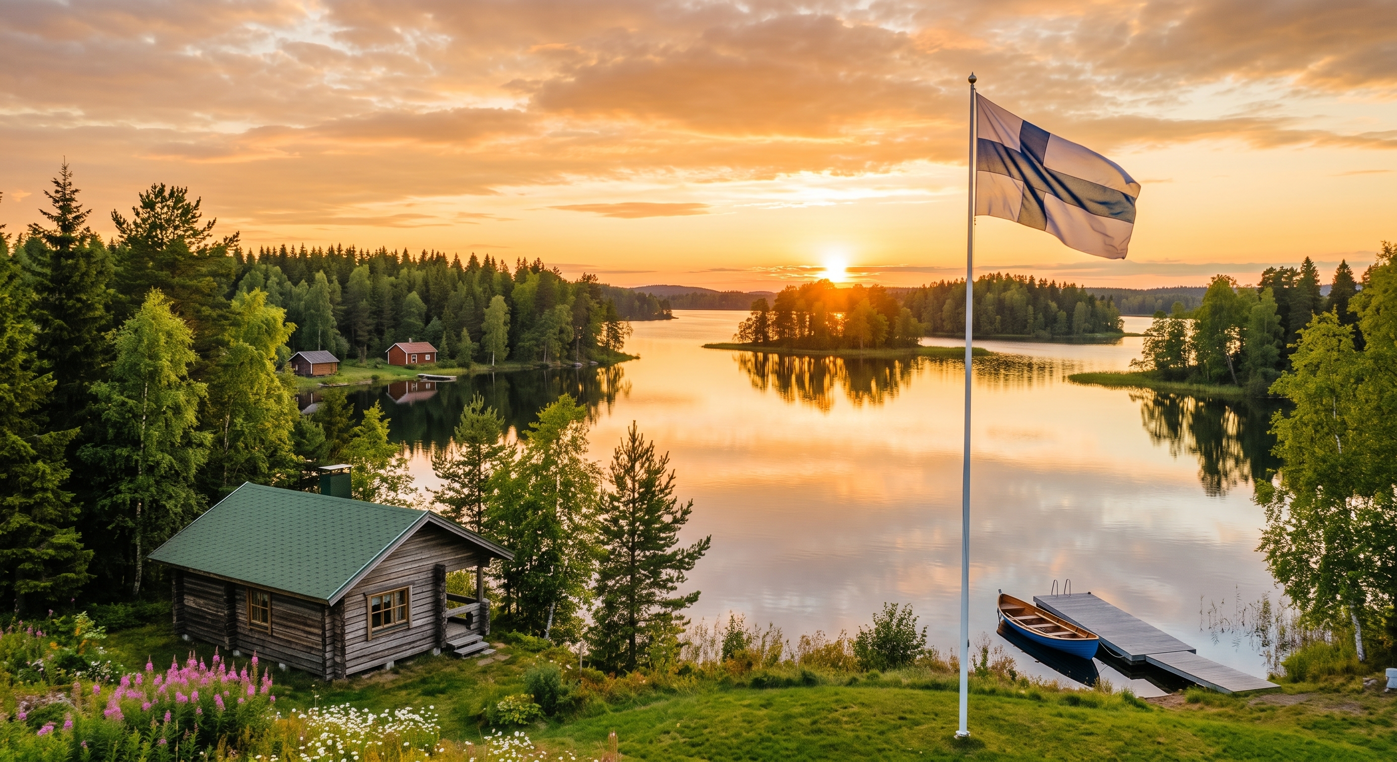 A stunning aerial view of the Finnish Lakeland during autumn, where vibrant fall foliage surrounds a secluded log cabin and the Finnish flag flies over a peaceful lake at sunset.