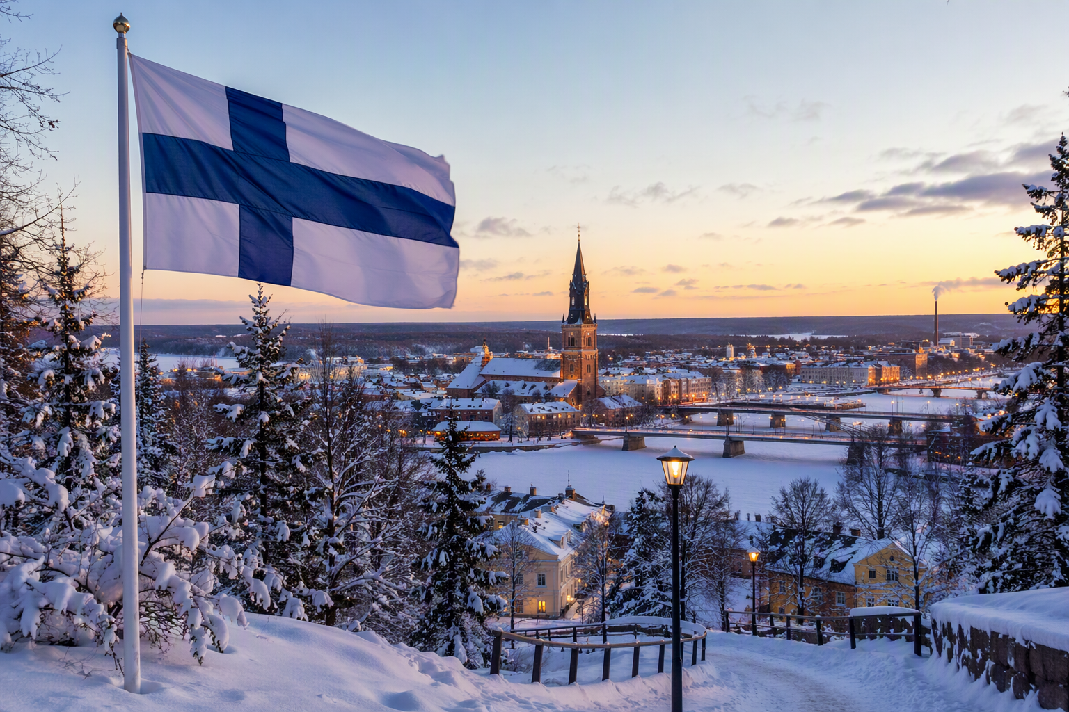 Finnish flag overlooking a snowy Finnish city at sunset, with historic buildings, a river, and winter landscapes that reflect life in Finland and inspire learners preparing for the YKI test.