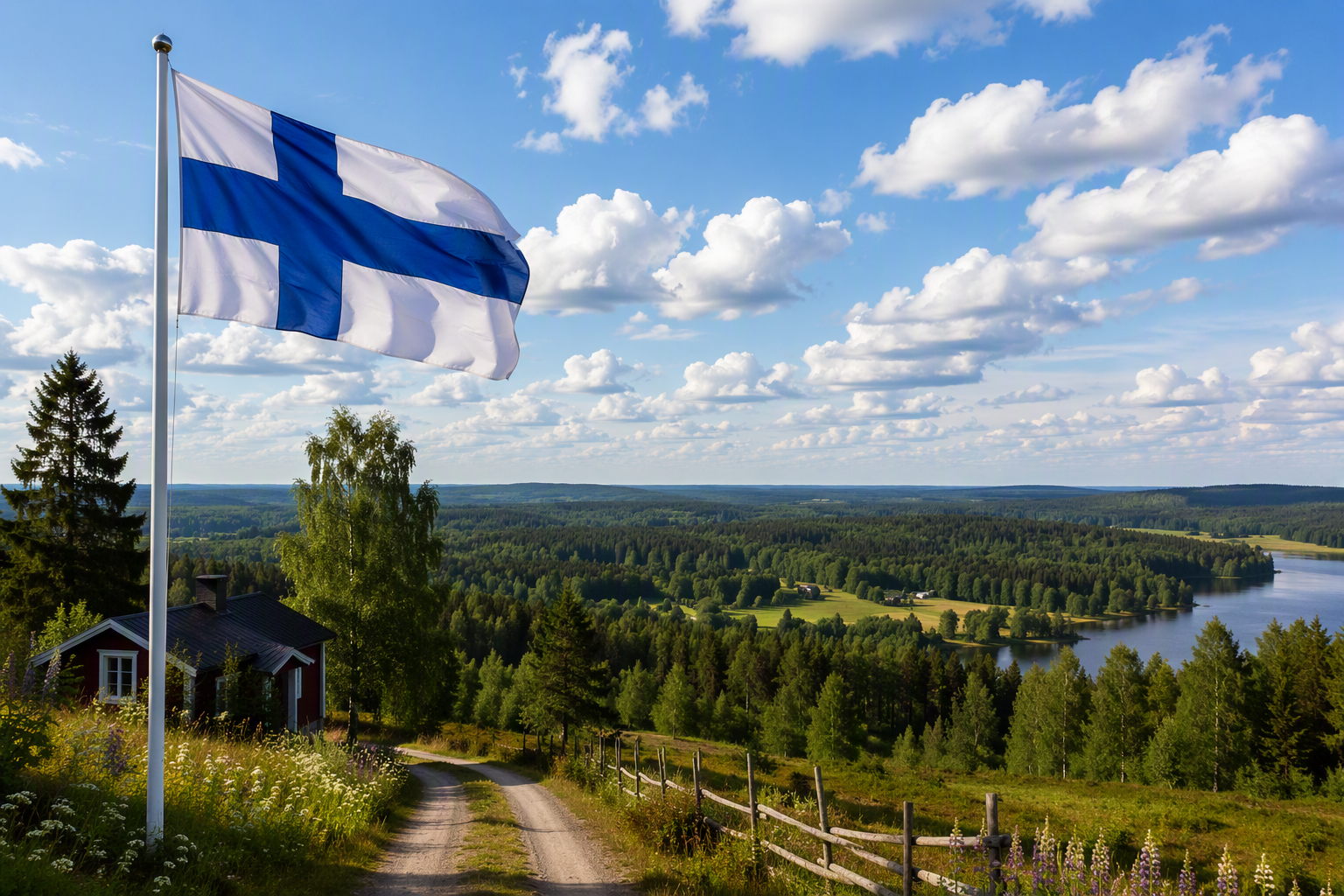 Finnish flag waving above a peaceful countryside road with forests, fields, and lakes in Finland, creating a calm and motivating atmosphere for learners preparing for the YKI test.