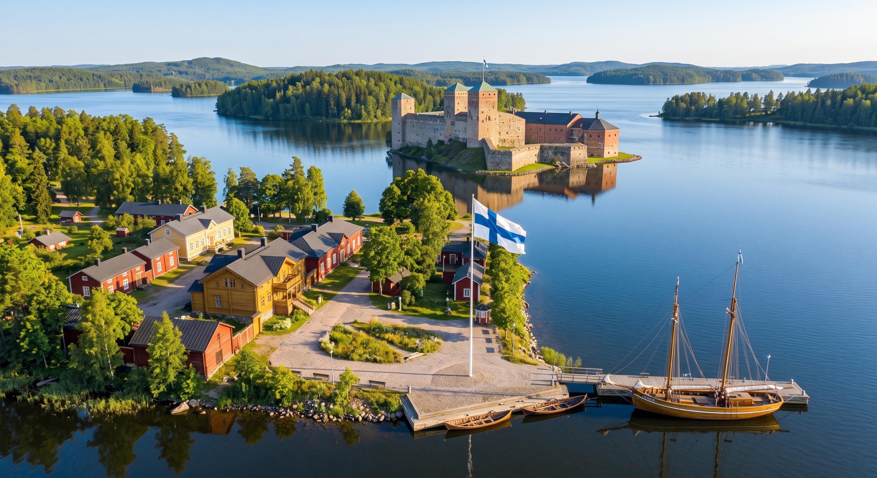 A scenic aerial view of a historical stone castle on an island in Finland during a peaceful autumn golden hour, with the Finnish flag waving prominently on a tall pole in the foreground and a traditio