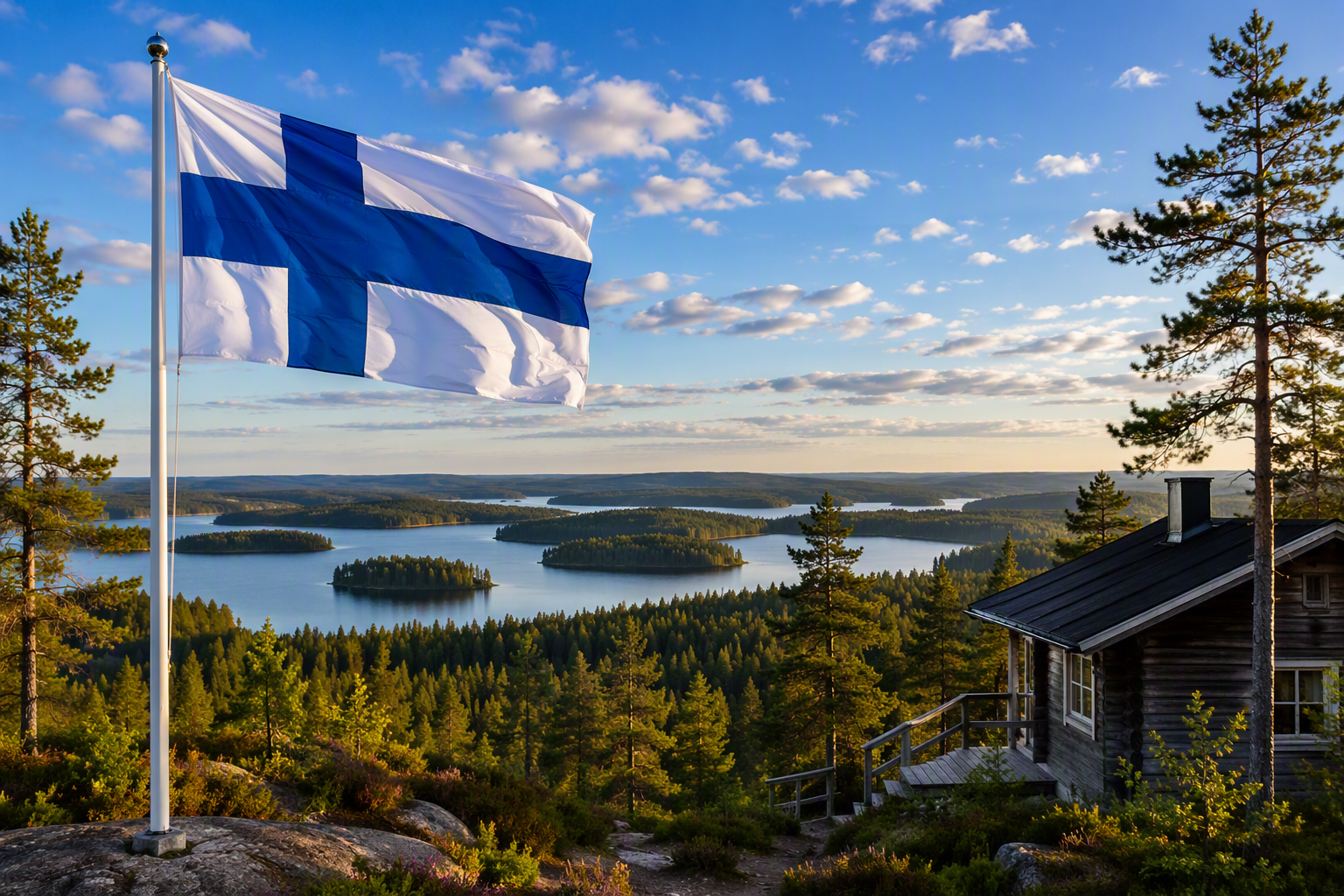 Finnish flag waving above a scenic Finland lake district with forest-covered islands and a traditional wooden cabin, highlighting the natural beauty of Finland for learners preparing for the YKI test.