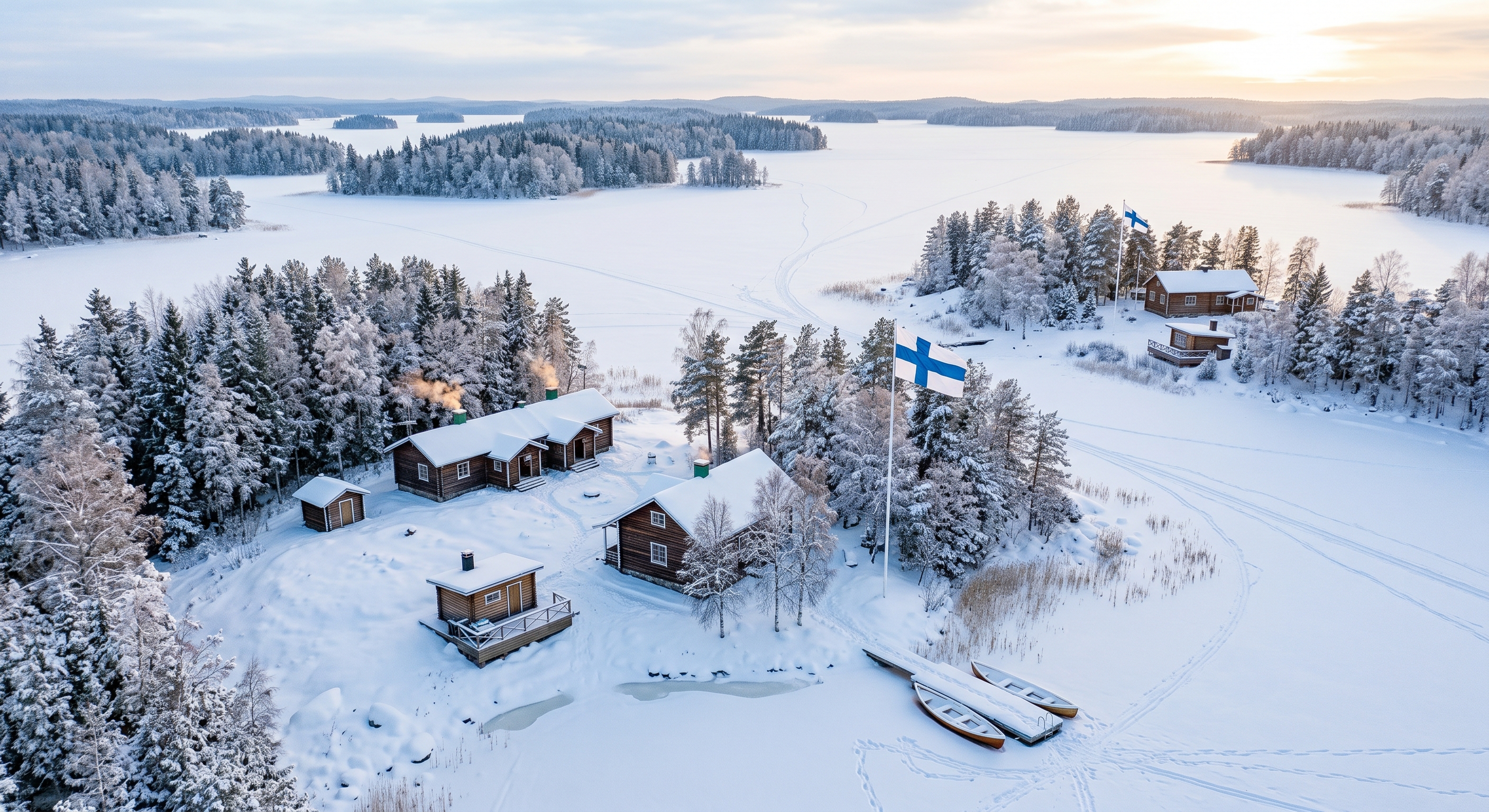 A peaceful aerial view of a traditional Finnish summer house complex on a secluded island covered in deep winter snow, with the Finnish flag waving near the frozen lake, illustrating the silent beauty