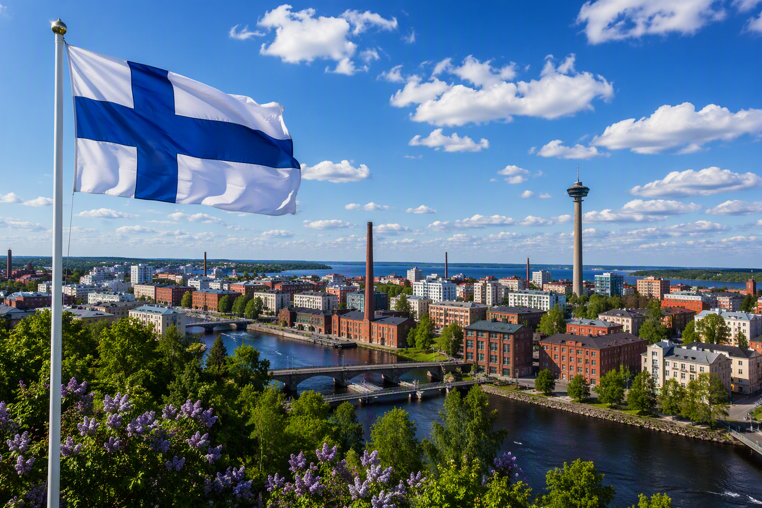 Finnish flag overlooking the city of Tampere with lakes, bridges, and the Näsinneula tower in the background, highlighting modern life in Finland for learners preparing for the YKI test.