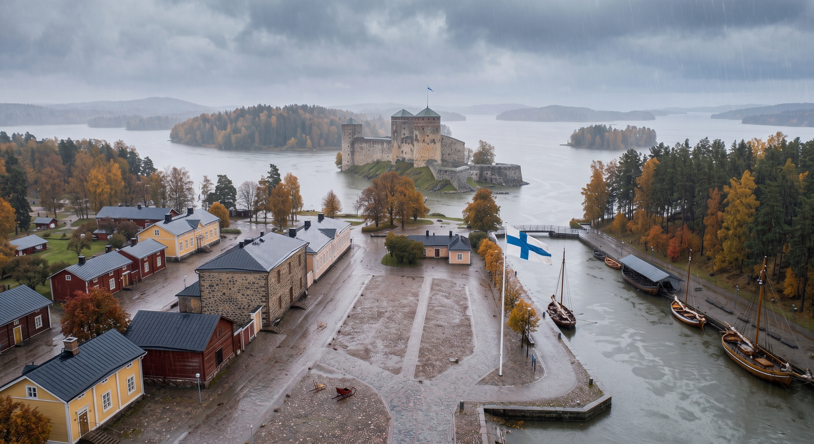 An aerial view of the historic Olavinlinna castle on an island in Finland during a rainy autumn day, with traditional red and yellow Finnish houses in the foreground and a Finnish flag waving next to